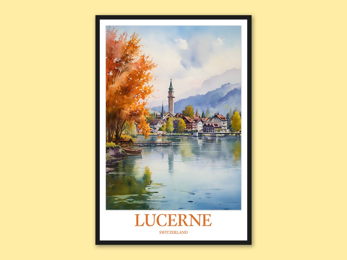 Lucerne Switzerland Watercolor Lake Autumn Reflection Travel Print