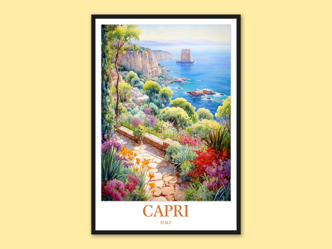 Capri Italy Cliffside Flower Path Sea Stacks Watercolor Poster