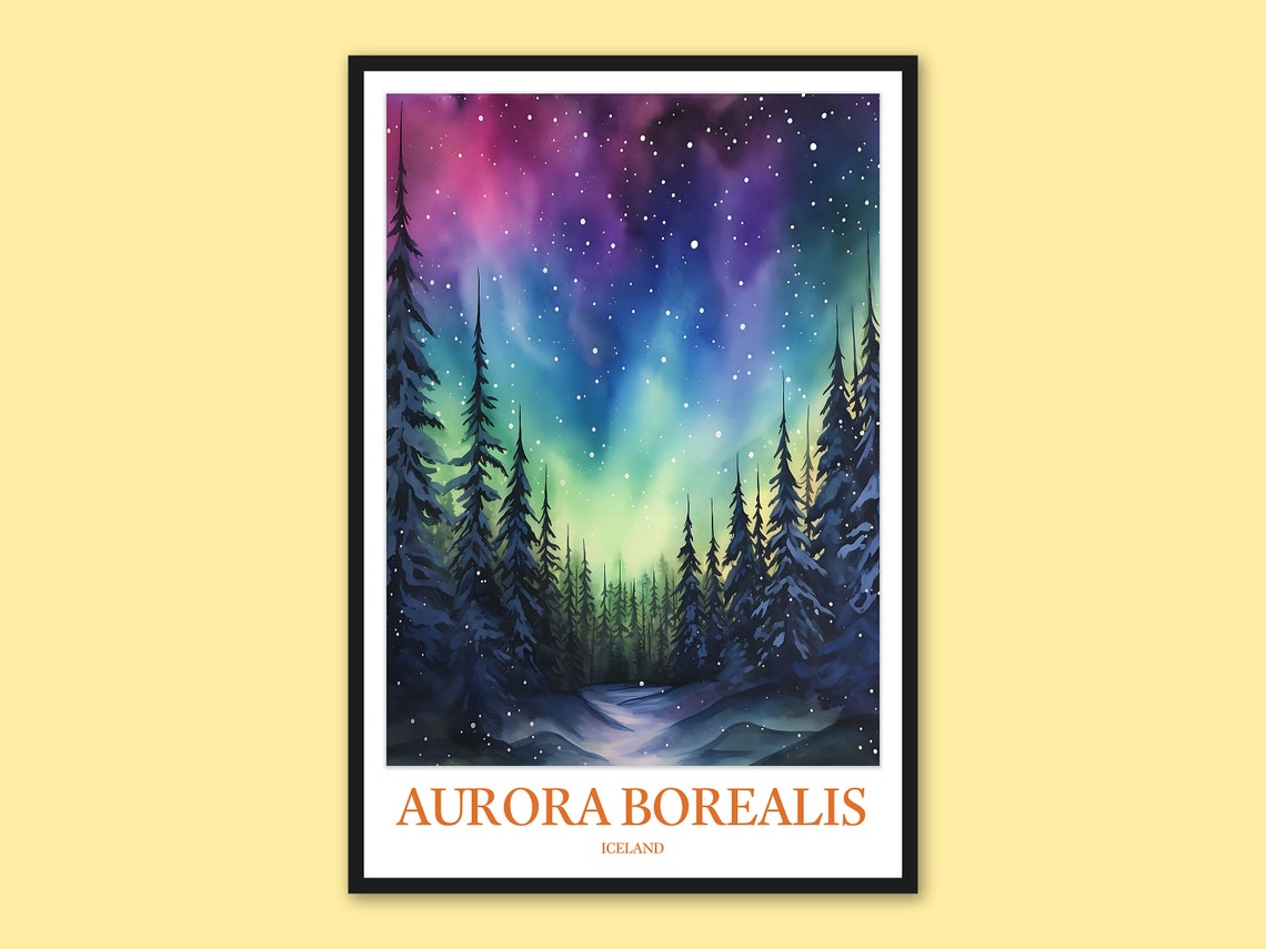 Iceland Aurora Borealis Northern Lights Forest Night Sky Poster