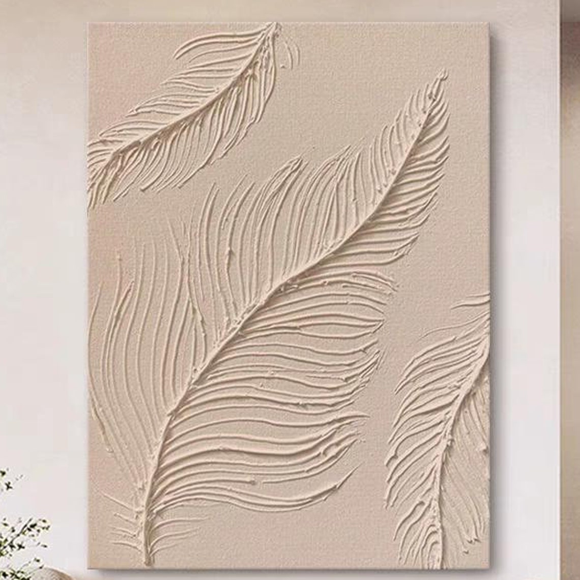 Brown Carved Leaf Relief on Warm Tan Textured Botanical Art Poster