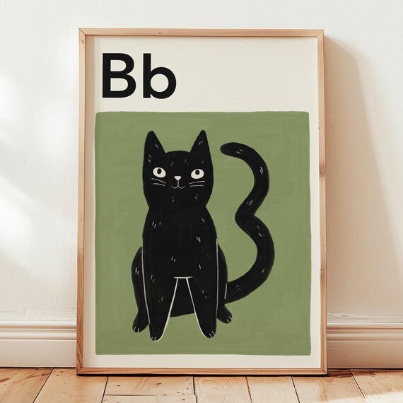Cat Alphabet Letter Print Choose Any Az Black Art For Kids Nursery Playroom Custom Wall Educational Poster Unframed