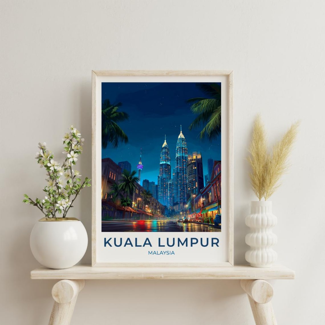 Kuala Lumpur Malaysia Poster Petronas Towers Night Street Scene Art