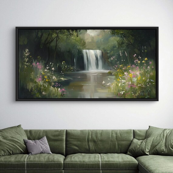 Moody Waterfall Print Lush Rainforest Wall Art With Wildflowers And Calm River Reflection Perfect Relaxing Decor