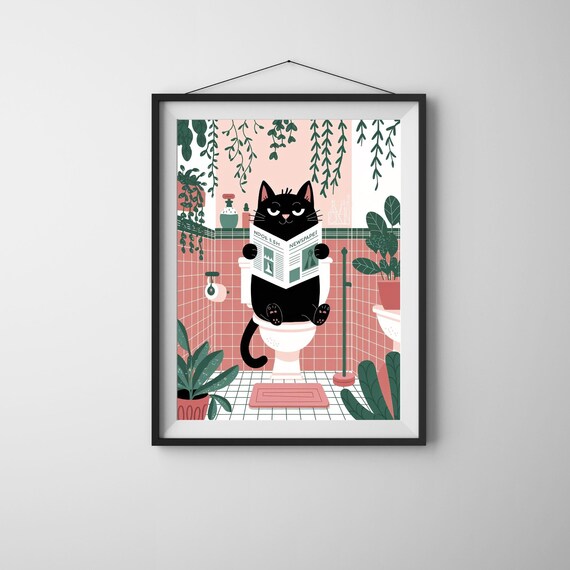 Funny Cat Bathroom Wall Art Black Print Toilet Humor Decor Plant Lover Poster Cute Animal Instant
