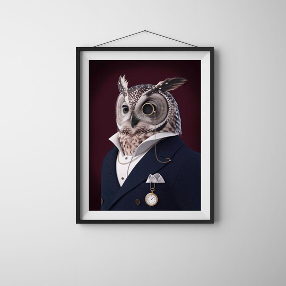 Owl Wall Art In Suit Print Portrait Sophisticated Decor Funny Animal Poster