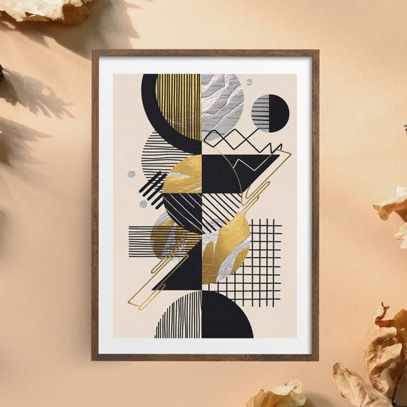Geometric Abstract Wall Art Gold Black Modern Poster Minimalist Print Mid Century Shapes Decor Instant Home Artwork