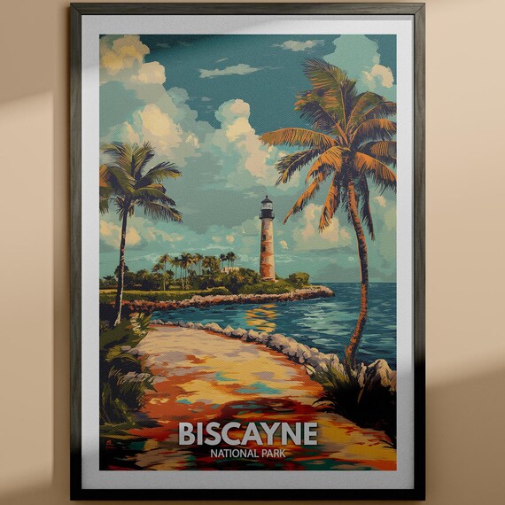 Biscayne National Park Florida Lighthouse Palm Trees Travel Poster