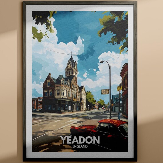 Yeadon England Clock Tower Red Classic Car Vintage Travel Poster