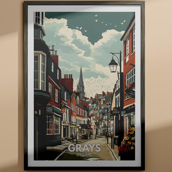 Grays England Historic Street Church Spire Travel City Poster
