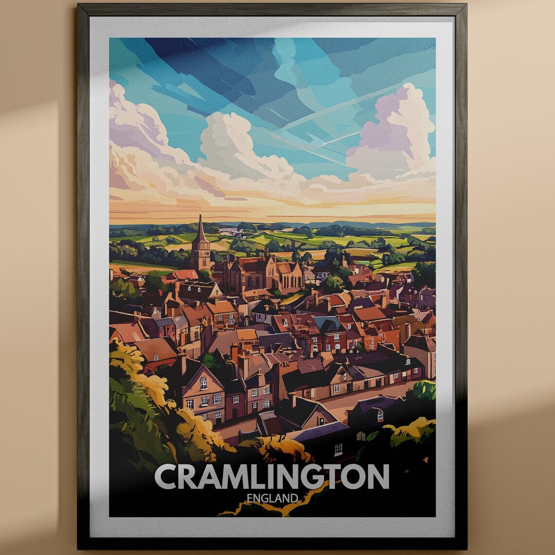 Cramlington England Church Town Skyline Vintage Style Travel Poster