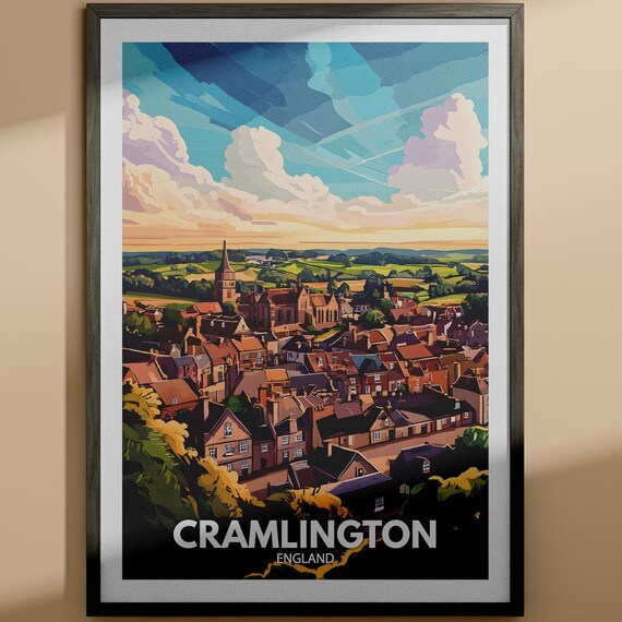 Cramlington England Church Town Skyline Vintage Style Travel Poster