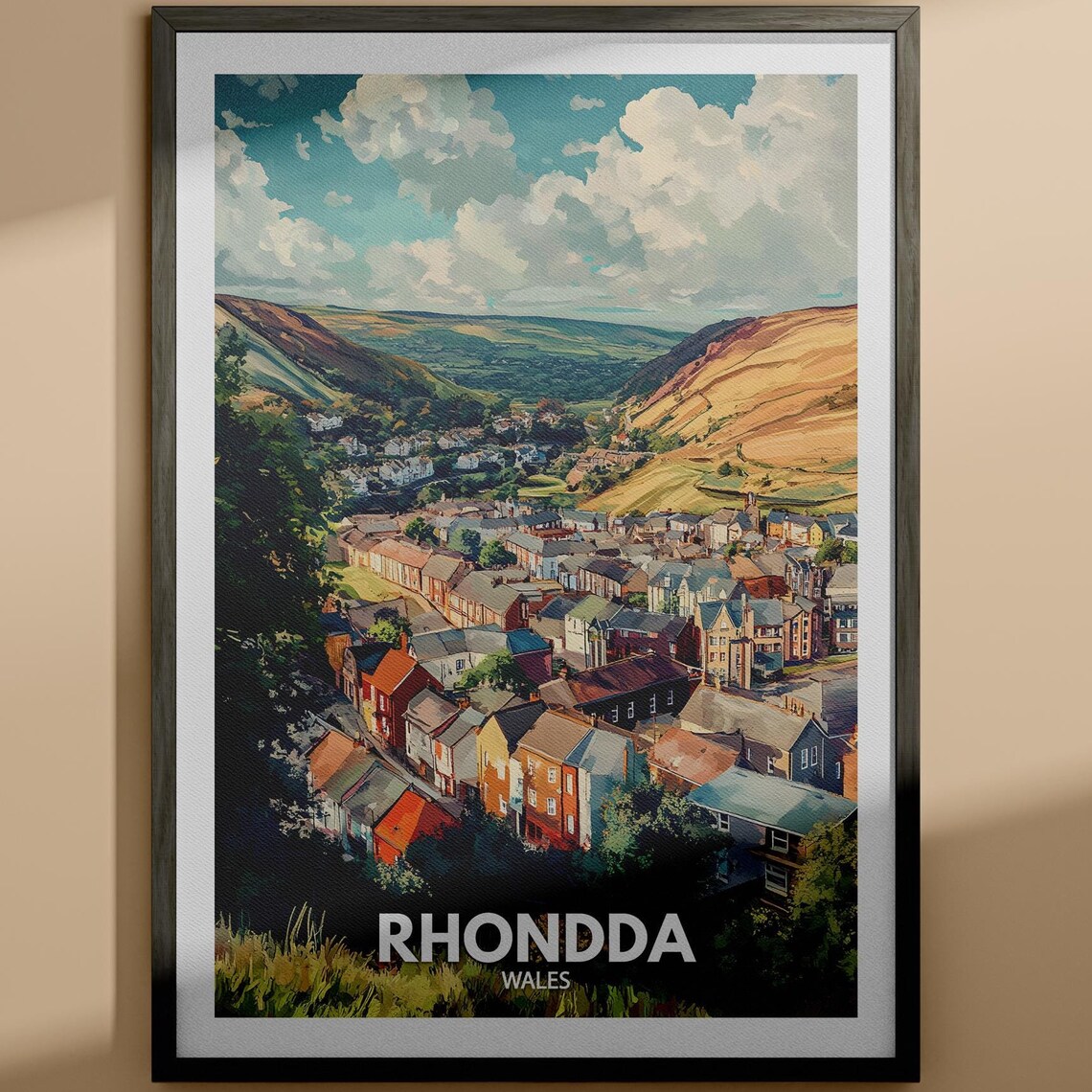 Rhondda Wales Valley Town Sunset Golden Hills Scenic Travel Poster