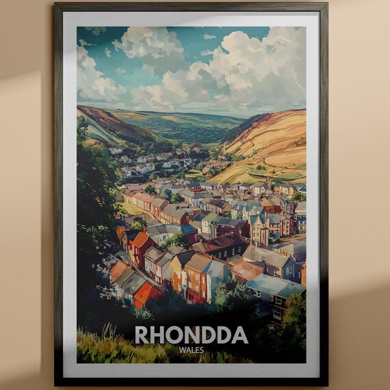 Rhondda Wales Valley Town Sunset Golden Hills Scenic Travel Poster