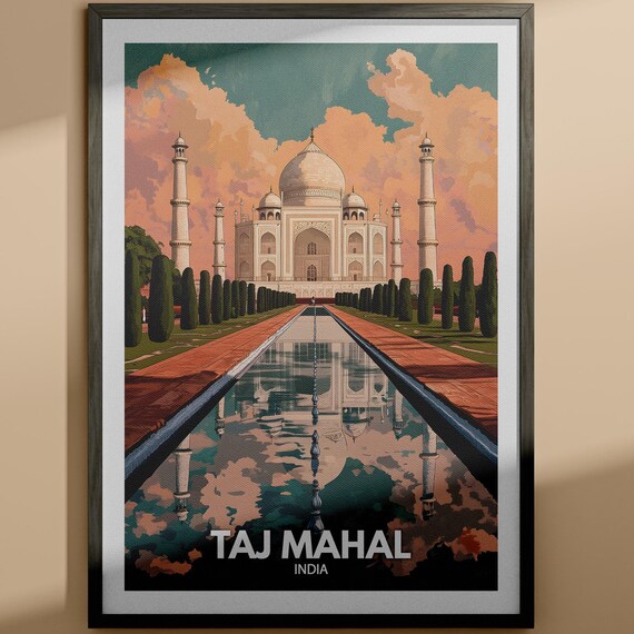 Taj Mahal India Reflection Pool Marble Dome Vintage Travel Poster