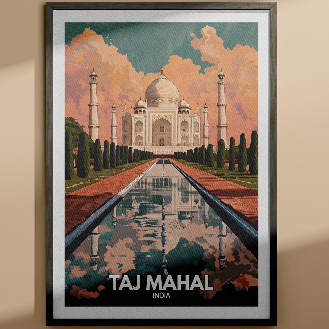 Taj Mahal India Reflection Pool Marble Dome Vintage Travel Poster