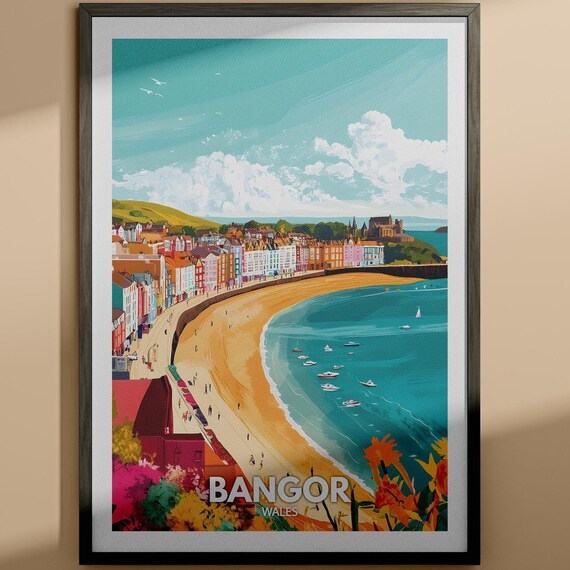 Bangor Wales Illustrated Seaside Travel Poster Beach Harbour Scene