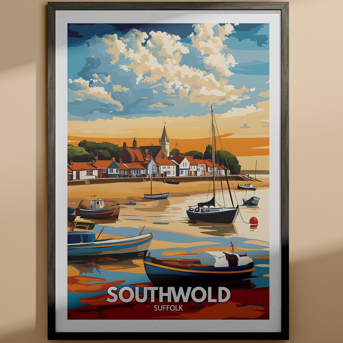 Southwold Suffolk Harbor Sunset Boats Seaside Coast Travel Poster
