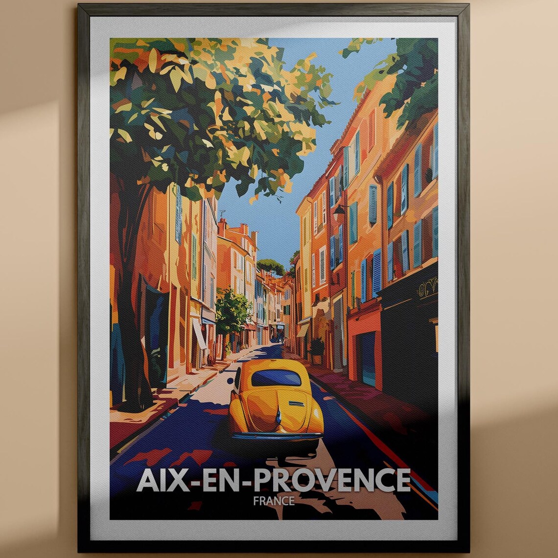 Aix en Provence France Vintage Street Yellow Car Sunny Poster