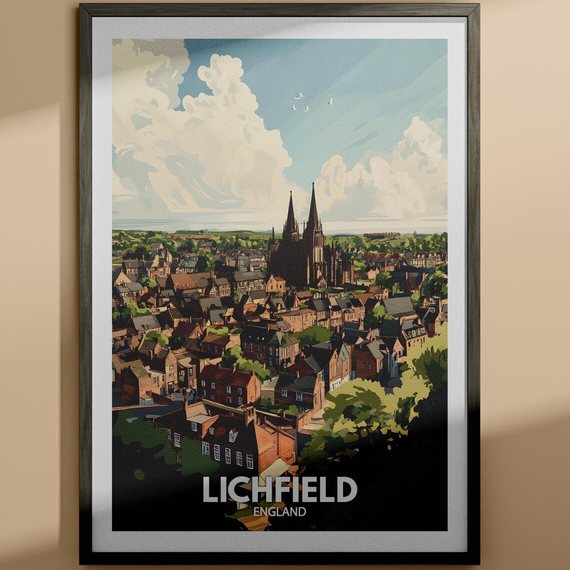 Lichfield England Cathedral Twin Spires Townscape Travel Poster
