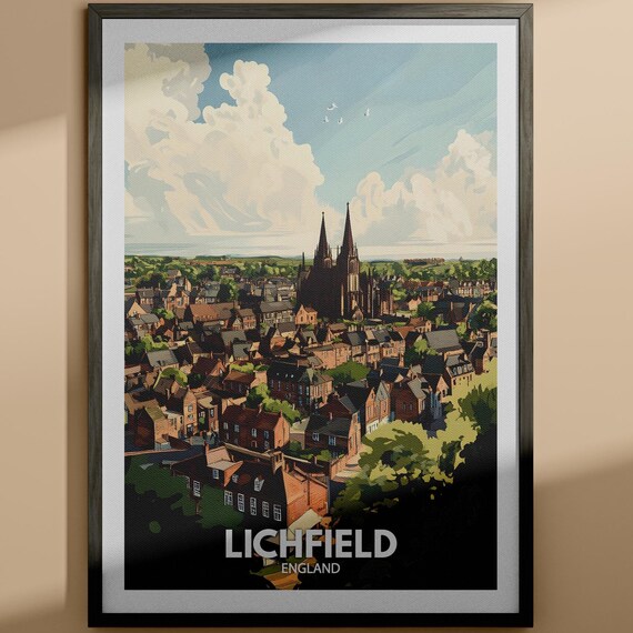Lichfield England Cathedral Twin Spires Townscape Travel Poster