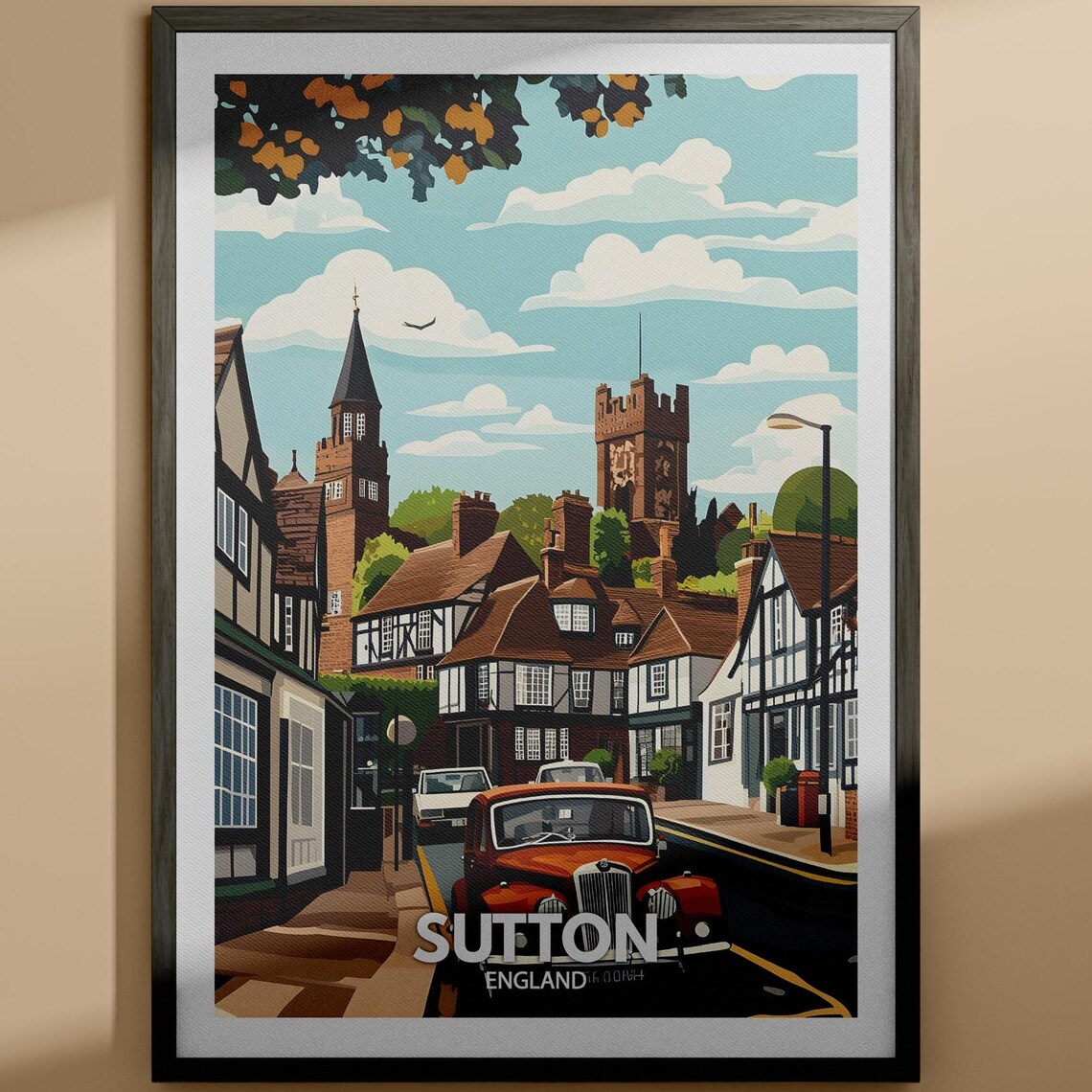 Sutton England Tudor High Street with Vintage Red Car Travel Poster