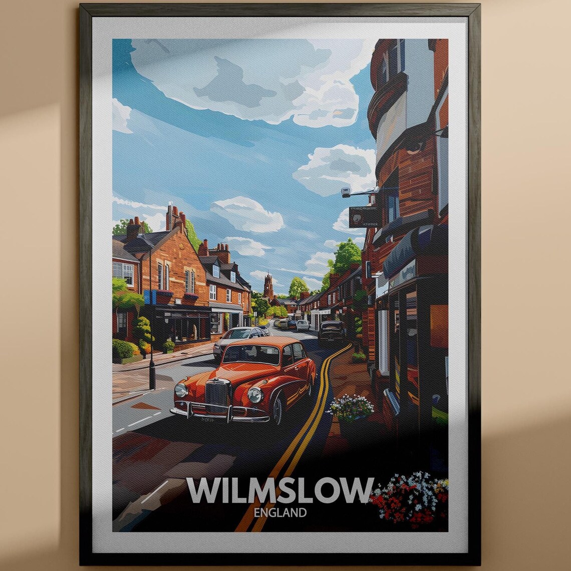 Wilmslow England High Street Classic Orange Car Travel Poster
