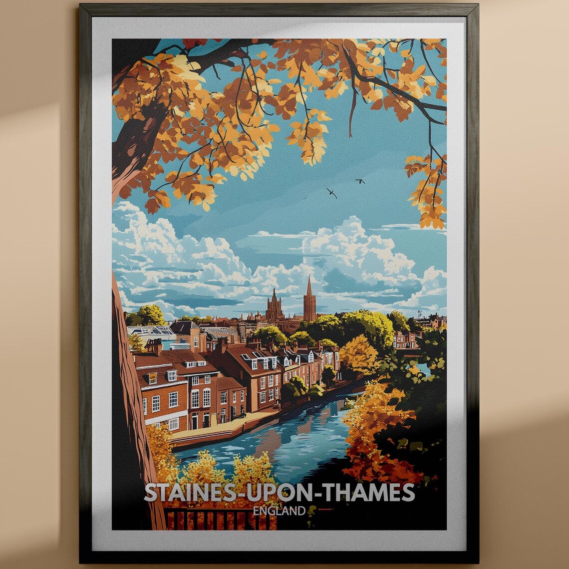 Staines upon Thames England Riverside Autumn Travel Art Poster