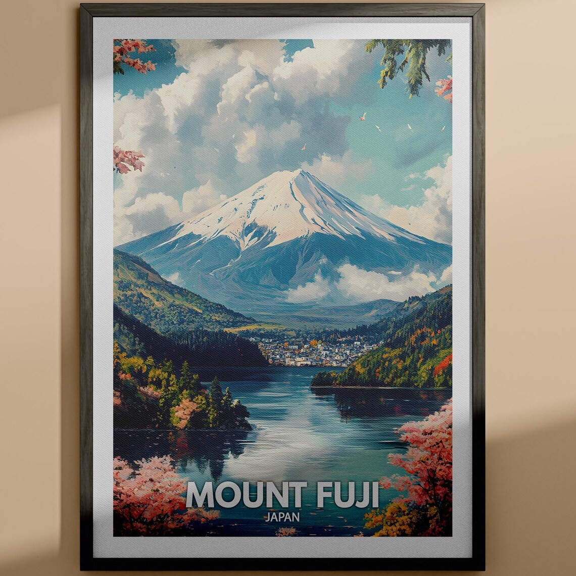 Mount Fuji Japan Lake Reflection Cherry Blossom Travel Poster