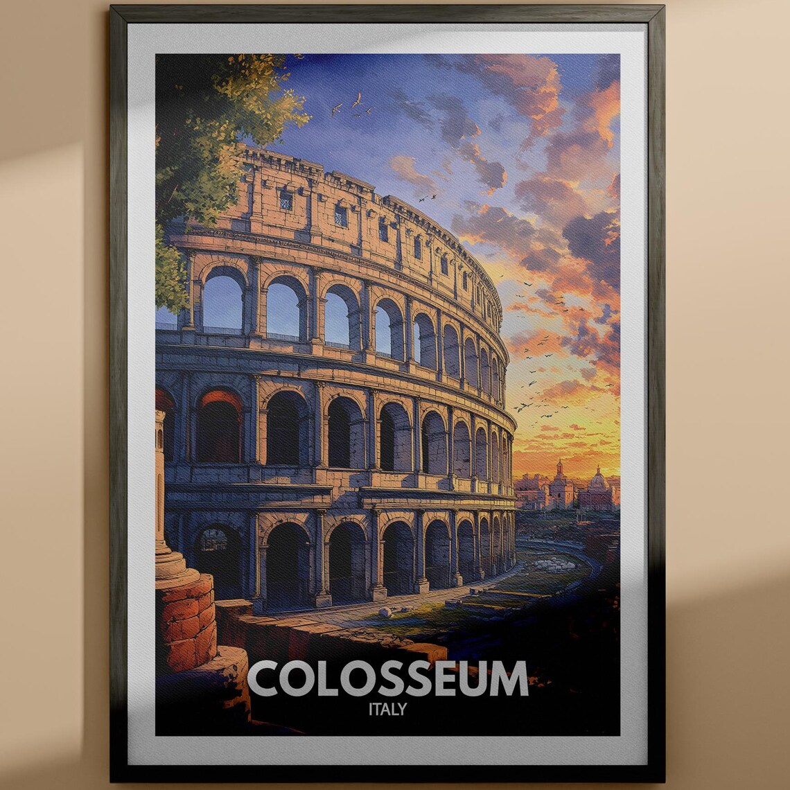 Colosseum Italy Rome Sunset Ancient Ruins Vintage Travel Poster