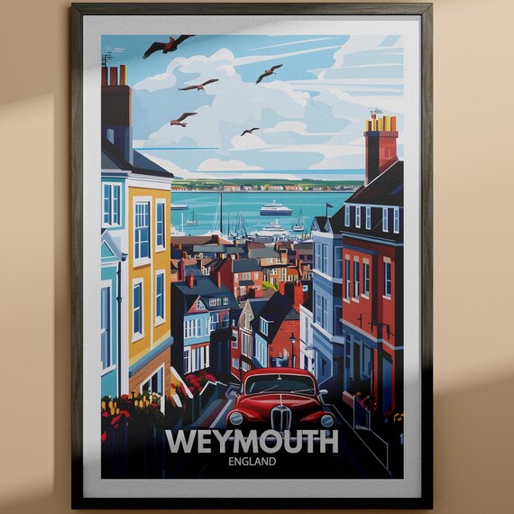 Weymouth England Illustrated Seaside Travel Poster Harbour Town Scene