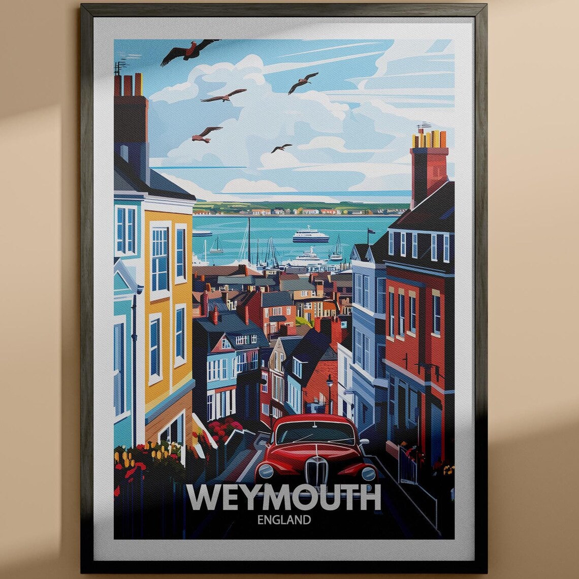 Weymouth England Illustrated Seaside Travel Poster Harbour Town Scene