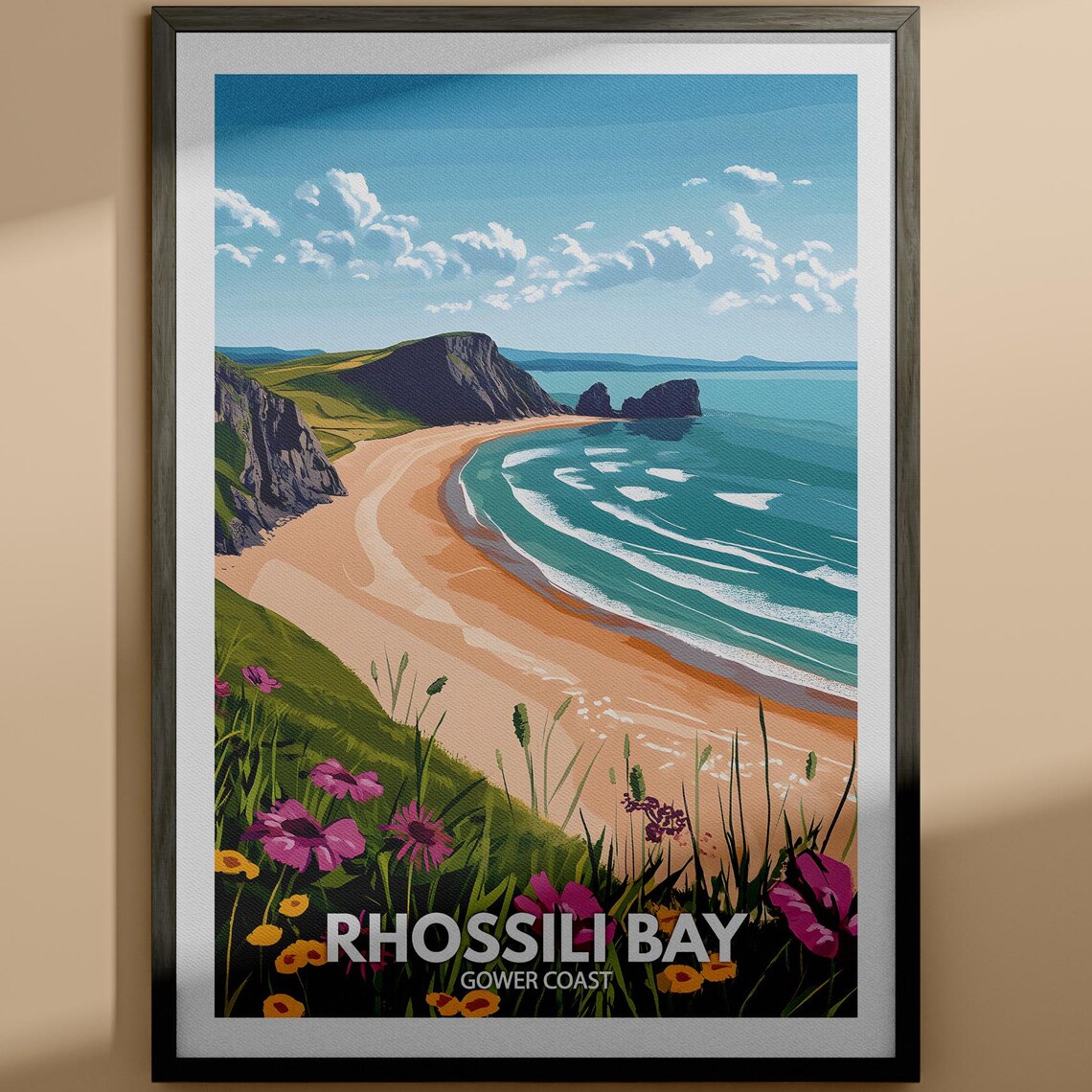 Rhossili Bay Gower Coast Wales Golden Beach Cliffs Travel Poster