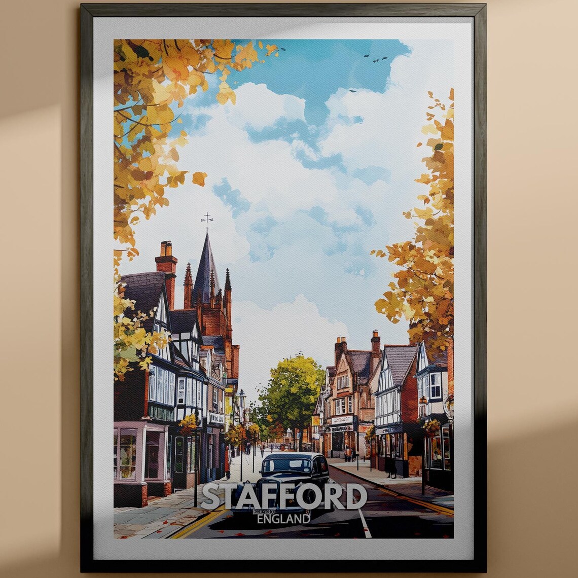 Stafford England Old Town Street Vintage Car Travel Poster Art