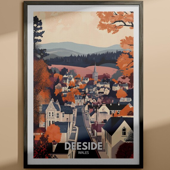 Deeside Wales Autumn Village Street Church Spire Scenic Travel Poster