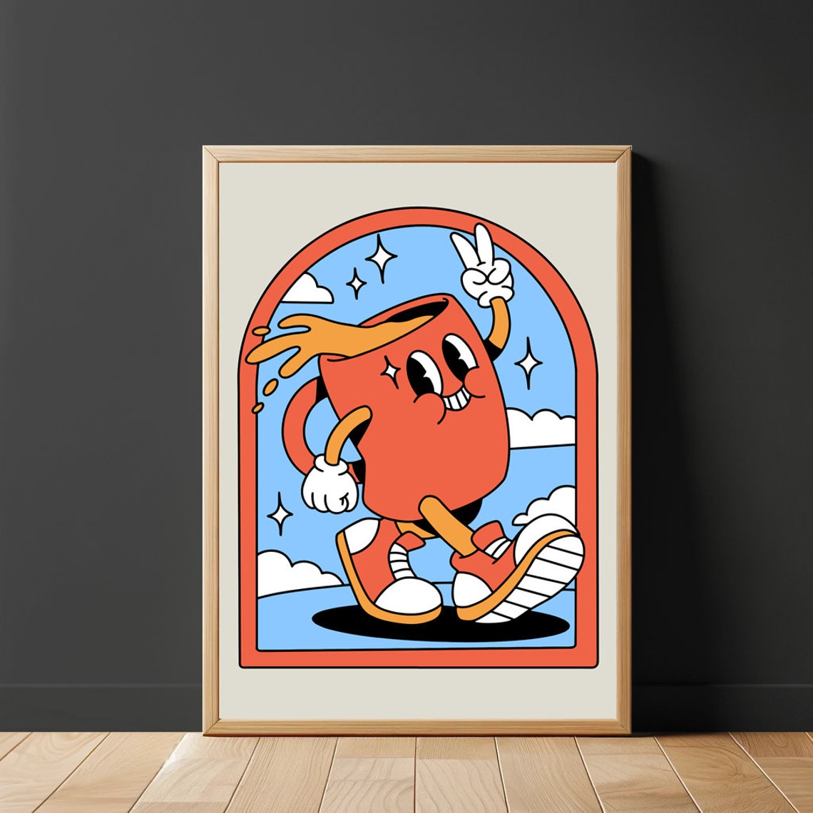Dancing Coffee Cup Retro Cartoon Mascot Blue Sky Coffee Poster - Image 2