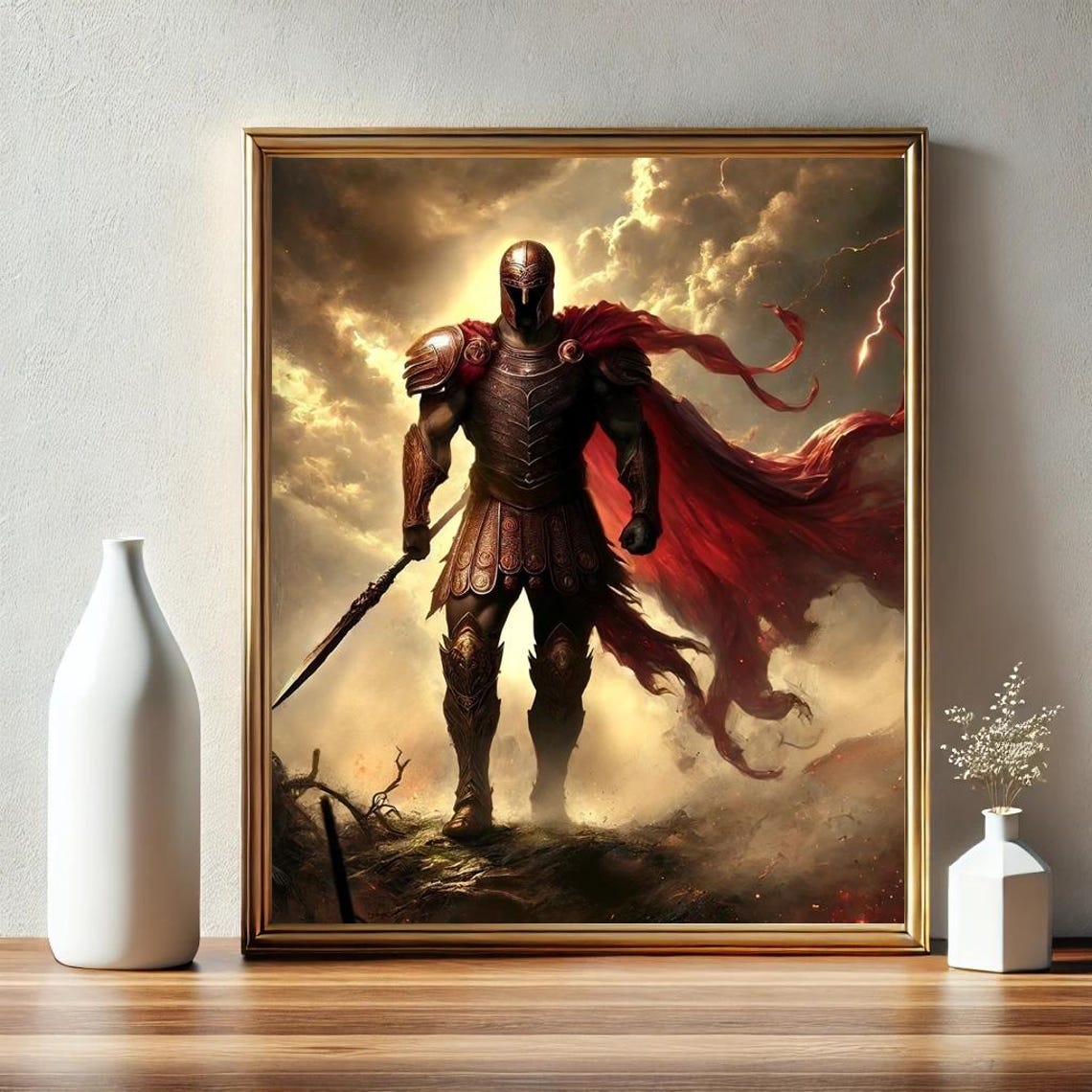 Ares Greek God Of War Red Cape Warrior Lightning Storm Print