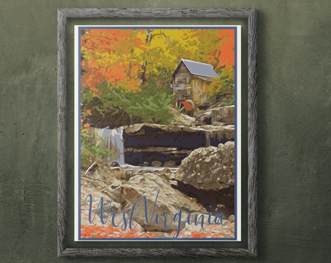 West Virginia Grist Mill Autumn Waterfall Vintage Travel Poster