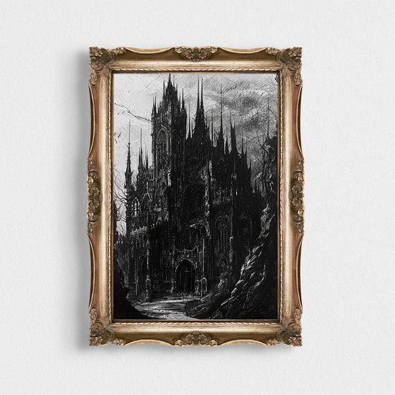 Dark Castle Vintage Oil Painting Art Print Poster Gothic Home Decor Dark Academia Wall Art Black And White Artistry