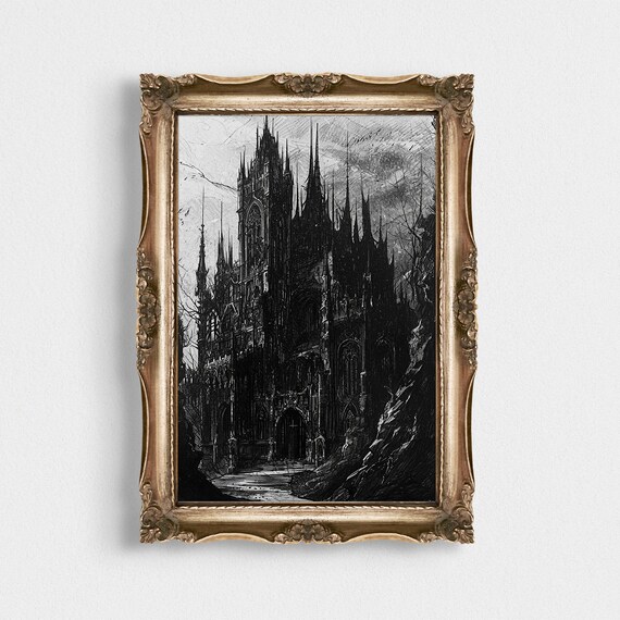Dark Gothic Cathedral Charcoal Sketch Spooky Architecture Poster