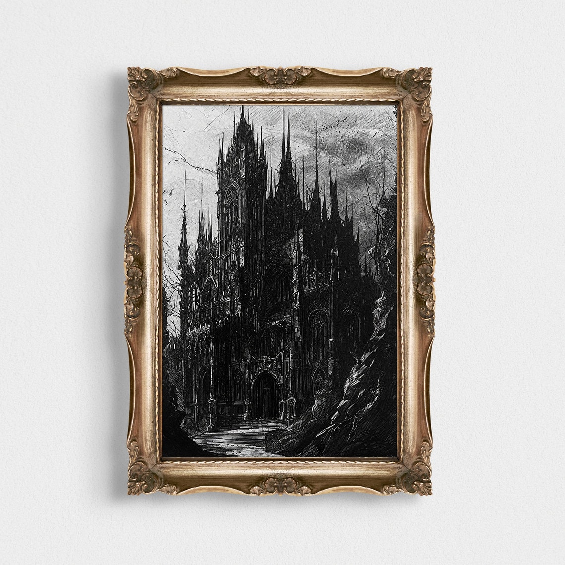 Dark Gothic Cathedral Charcoal Sketch Spooky Architecture Poster