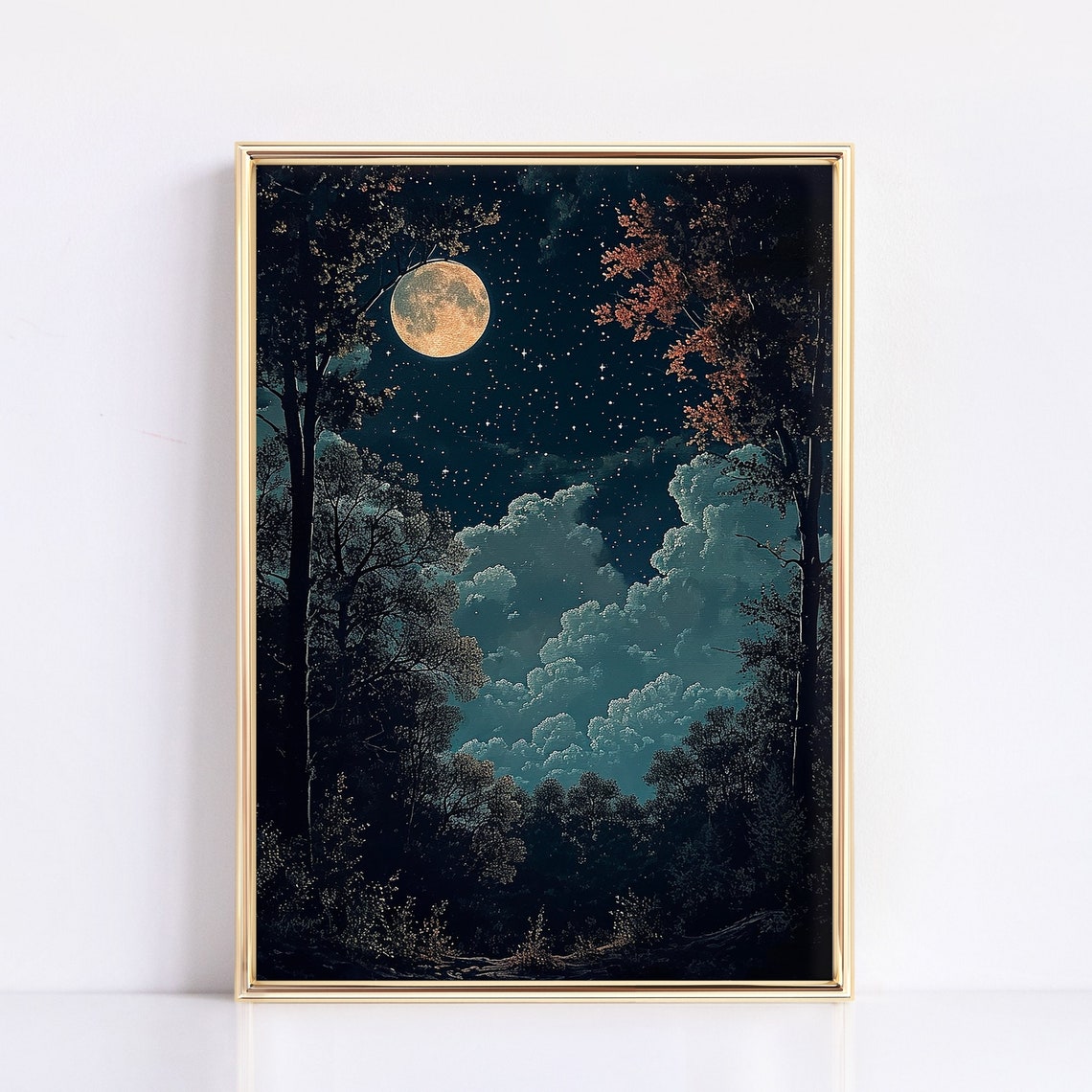 Full Moon Over Autumn Forest Red Trees Starry Night Art Poster - Image 3