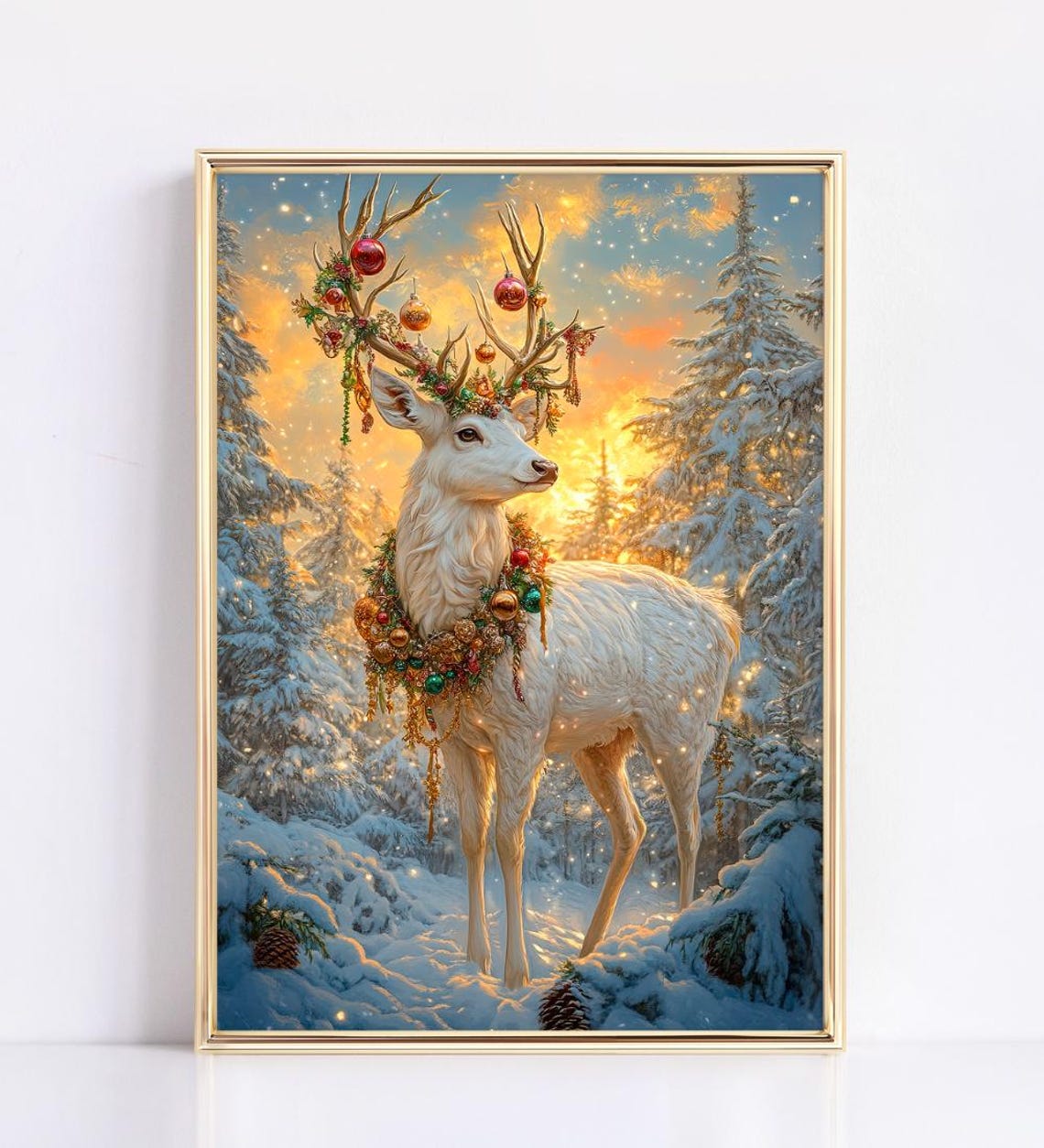 White Reindeer With Ornament Antlers In Snowy Forest Sunset Poster