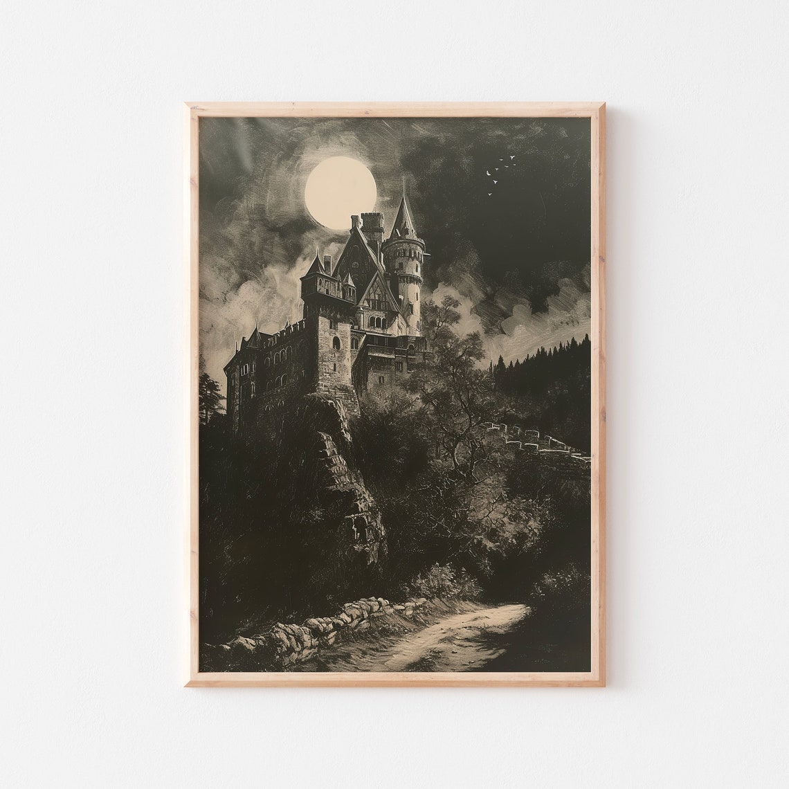 Gothic Castle Under Full Moon Black White Vintage Painting Poster - Image 3