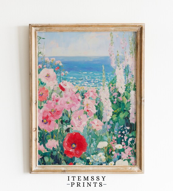 Wildflower Field by the Sea Impressionist Coastal Landscape Wall Art