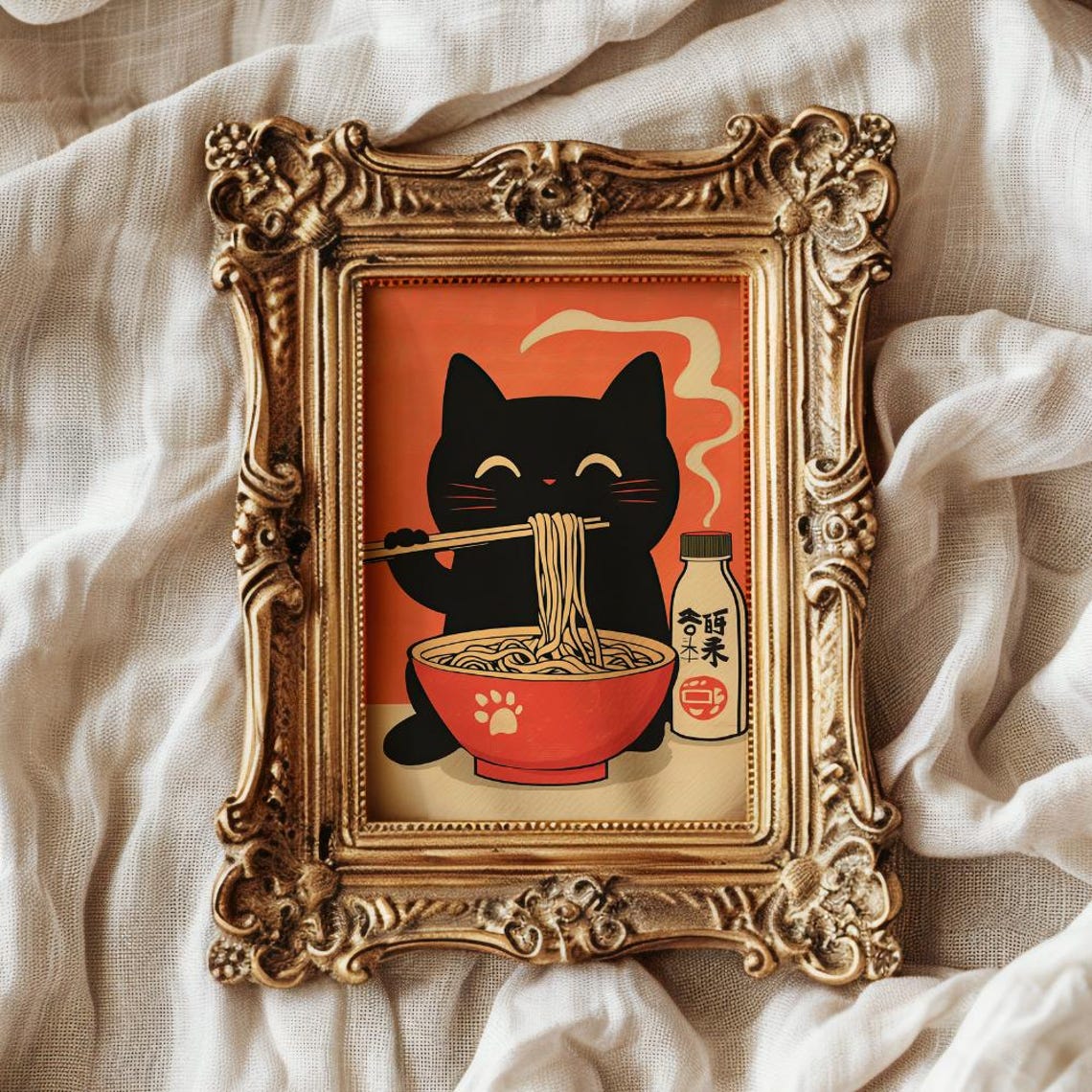 Black Cat Eating Ramen With Chopsticks Retro Japanese Food Poster Art - Image 2