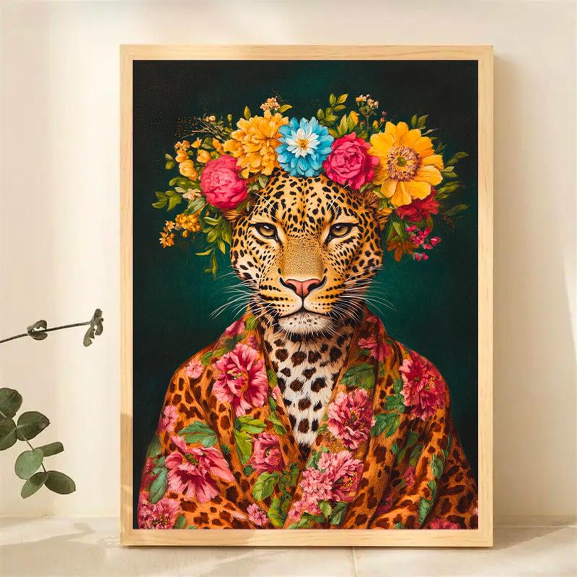 Floral Crowned Leopard Art Print, Maximalist Portrait