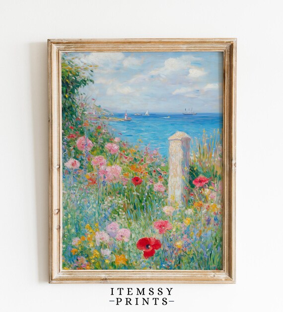 Coastal Wildflower Meadow with Sailboats Impressionist Wall Art
