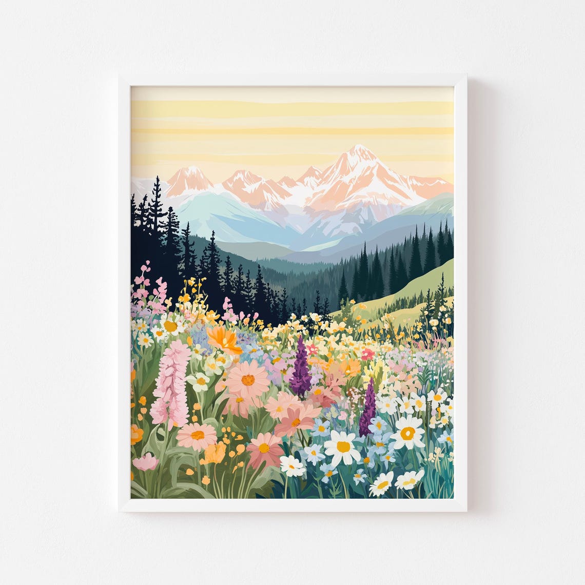 Mountain Wildflower Meadow Sunset Peaks Botanical Landscape Poster - Image 2