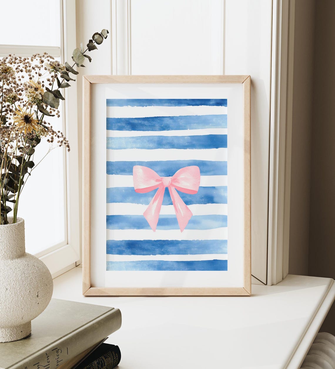 Pink Bow on Blue Stripes Watercolor Preppy Coastal Chic Wall Art - Image 3