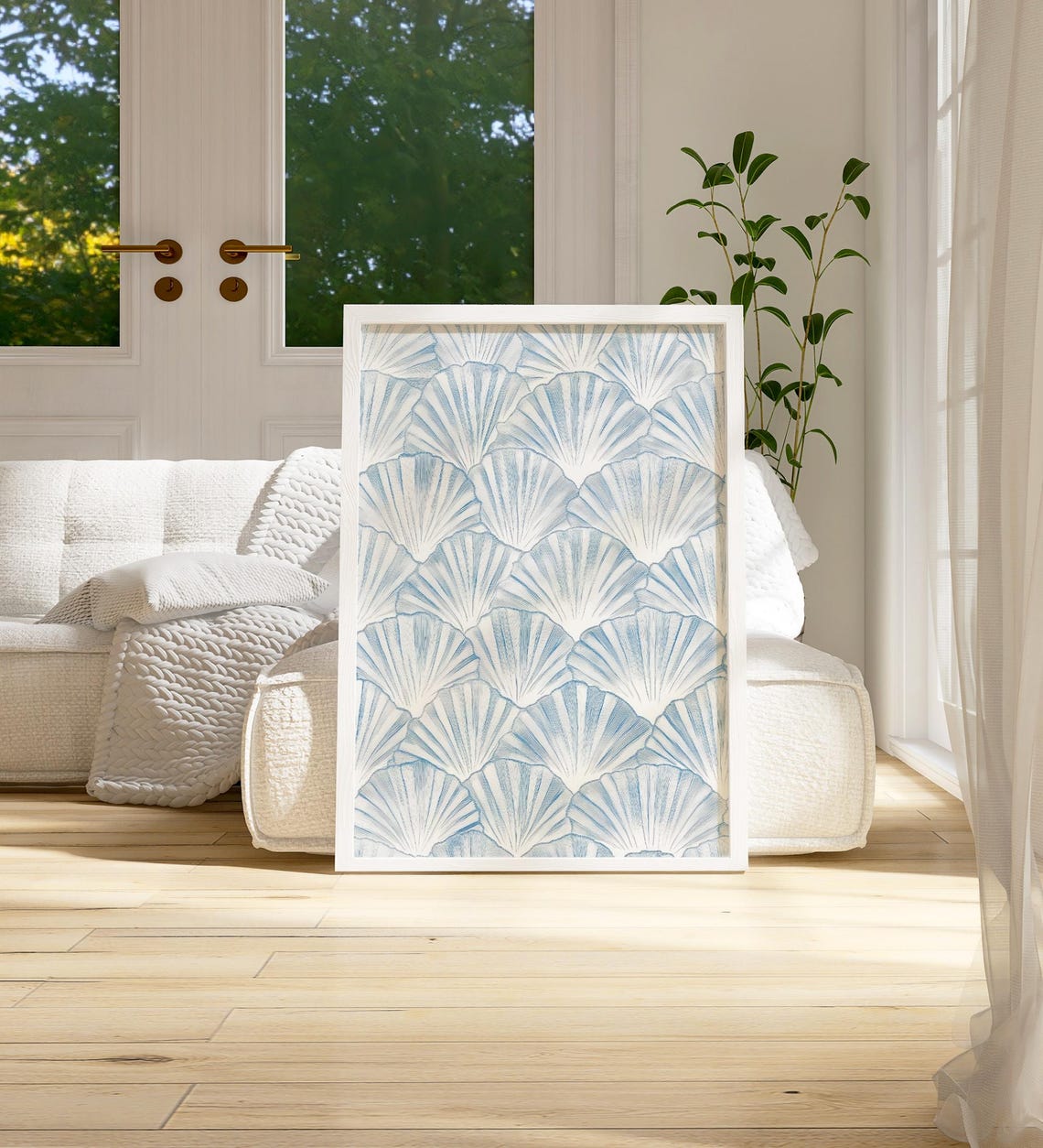 Blue and White Scallop Seashell Pattern Coastal Home Decor Poster - Image 2